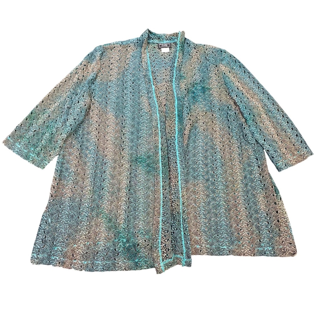 Southern Lady‎ Pointelle Knit Open Front Cardigan Women's Size 1X Green Teal Tan